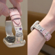 表带iwatch10 适用applewatchS11彩石水钻猫咪小牛皮细款 76手镯款 小蛮腰苹果手表柔软皮拼金属可爱腕带女
