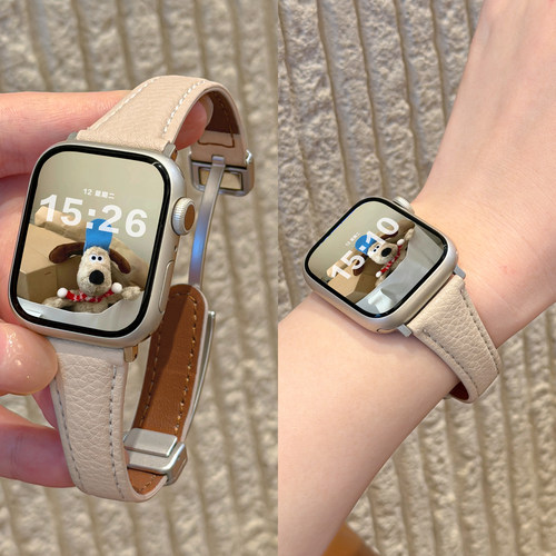 适用iWatch荔枝纹银色磁吸细表带