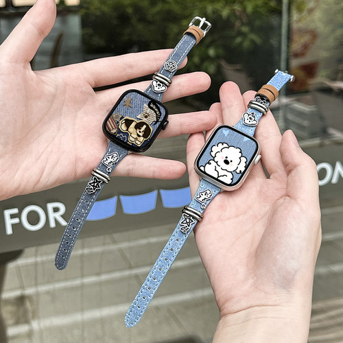 适用iWatch复古小狗牛仔细皮表带