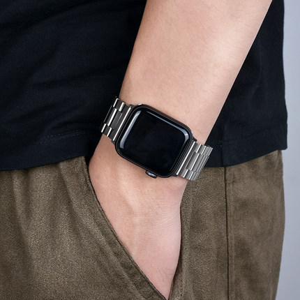 适用苹果手表S11钢表带applewatch8/9/10 ultra2轻薄链式金属表带三珠不锈钢iwatch7商务表带4/5/6 SE代男女