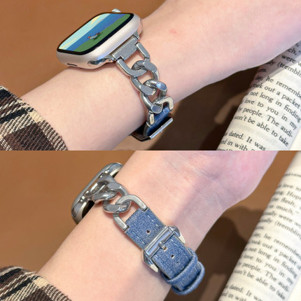 适用AppleWatch S10/9表带牛仔皮拼接金属表带苹果手表S8细款真皮链条iWatch手链表带小众SE/7/6/5表带女小众