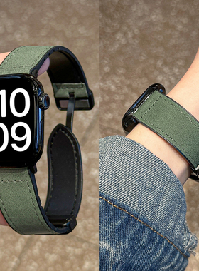 适用applewatchS11疯马纹磁吸皮革表带iwatchS10/9/8/7/6/SE贴皮磁吸扣复古ultra男女苹果手表质感柔软皮表带