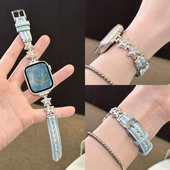 适用applewatchS11星星气球牛仔拼金属表带iwatchS10 987质感彩色水钻真皮小蛮腰苹果手表SE小众链条腕带女夏