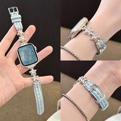 适用applewatch镶钻星星气球牛仔拼金属表带iwatchS10/9/8/76质感彩钻真皮小蛮腰苹果手表SE小众链条腕带女夏