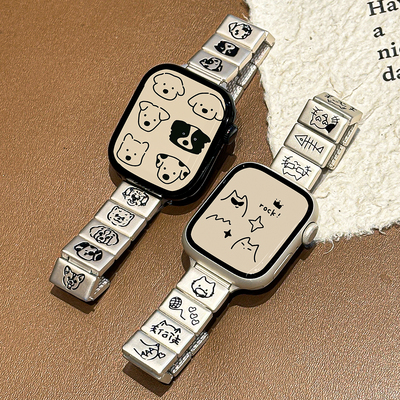 适用iWatch小猫小狗方块金属表带