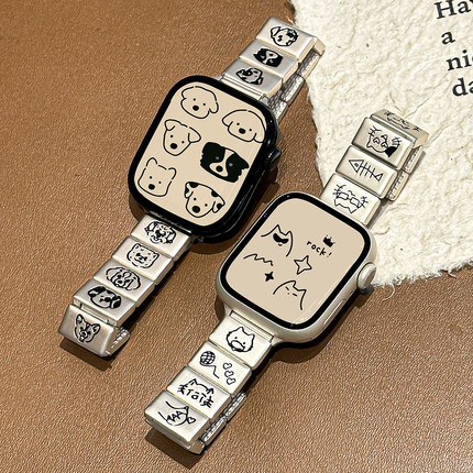 适用applewatchS10卡通方块金属表带iWatch987猫咪小狗印花高级感创意新款苹果手表S11不锈钢可调节ultra腕带