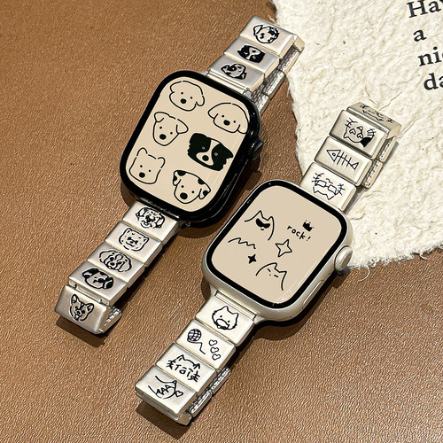 适用iWatch小猫小狗方块金属表带