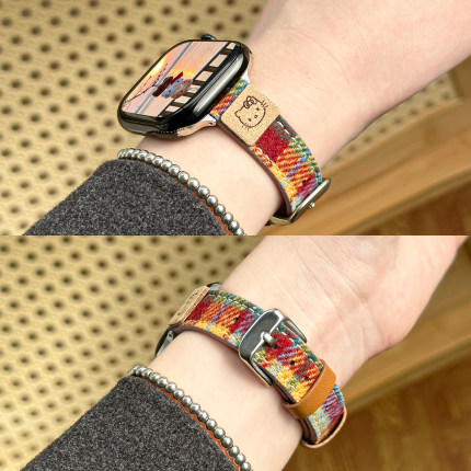 适用iWatch毛呢格纹细表带applewatchS10/9/8/7/6/5苹果手表新款SE复古秋冬kitty猫彩虹毛呢小蛮腰皮质腕带女