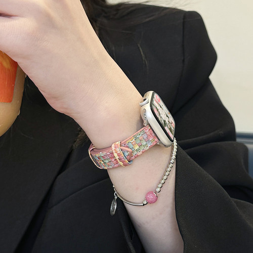 适用iWatch小香风创意格子皮表带