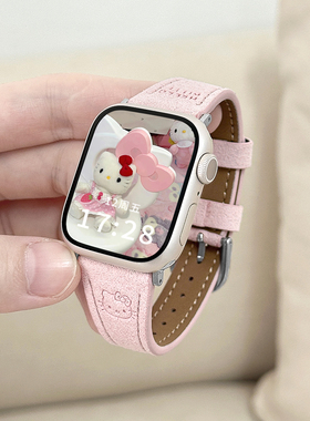 适用iWatch凯蒂猫翻毛绒皮表带applewatchS11/10/9/8苹果手表秋冬女SE高级ultra印花创意卡通kitty猫细款腕带