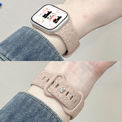 适用iWatch猫咪涂鸦硅胶印花表带