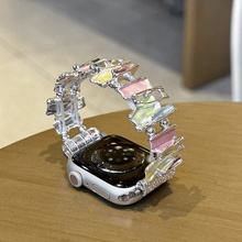 适用AppleWatchS11不规则方块弹力表带S10苹果手表一体金属链条表带iwatch新款9/8/7/6高级创意彩色SE2女款夏