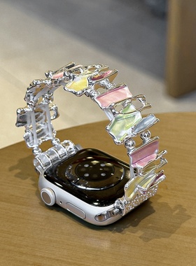 适用AppleWatchS11不规则方块弹力表带S10苹果手表一体金属链条表带iwatch新款9/8/7/6高级创意彩色SE2女款夏