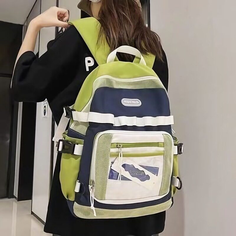 抹茶绿日系大容量百搭双肩包韩版ins撞色潮牌工装书包复古背包女
