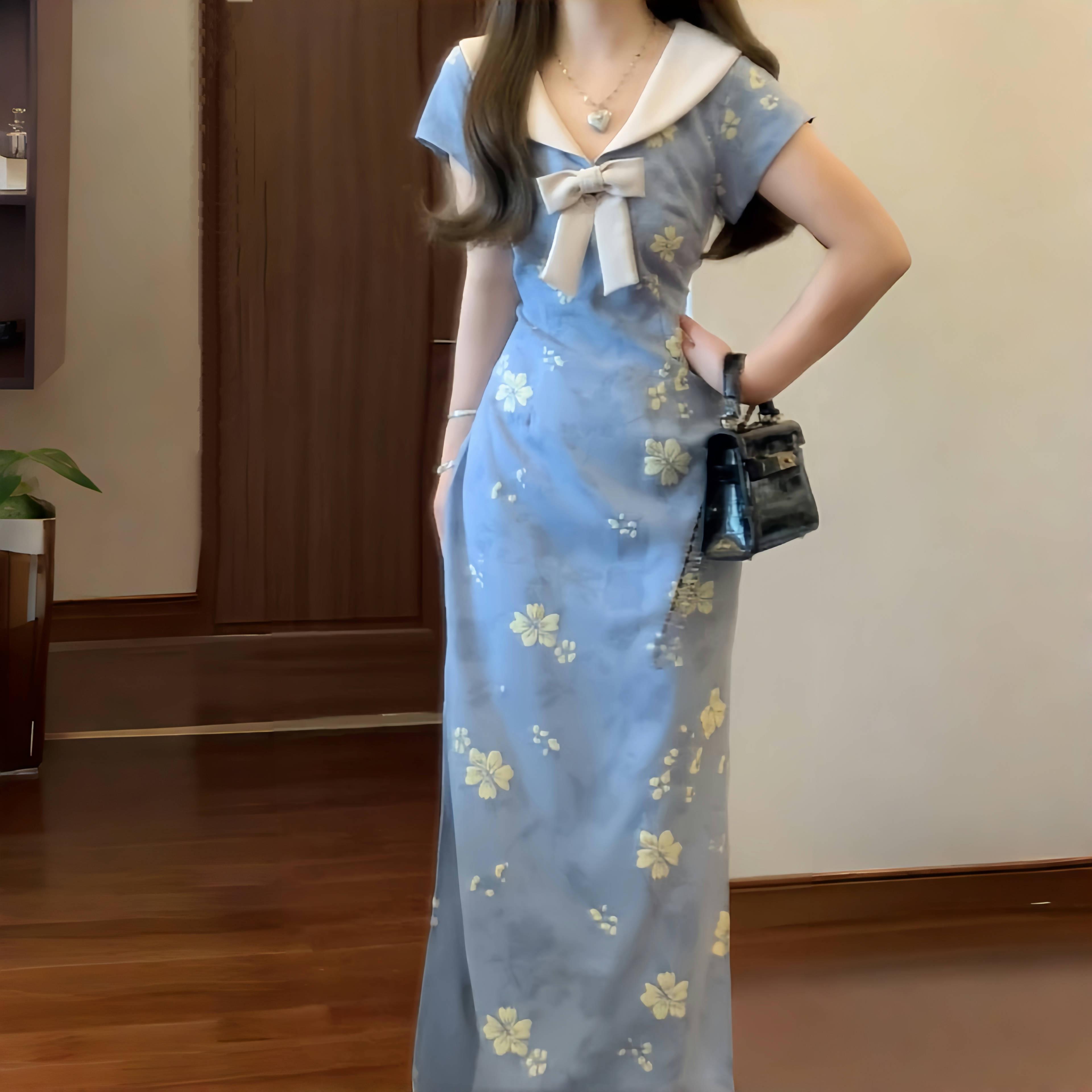 高级不撞款旗袍女新中式特别漂亮掐腰连衣裙夏日绝美国风碎花裙子