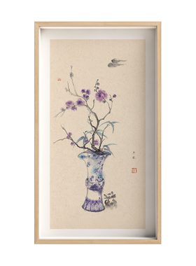 半庭x汪玉砚 瓶花新中式原木风玄关艺术装饰壁画素雅竖版书房挂画