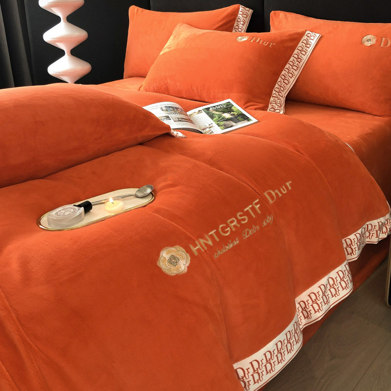 高端爱马橙加厚保暖牛奶绒床上四件套双面珊瑚绒被套加绒床单床笠