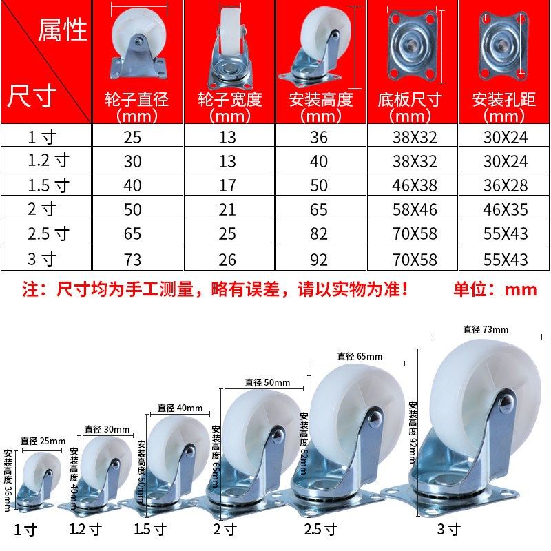 万向轮小号轮子滑轮定转向带刹车1.5/23寸移动迷你型脚轮家具通用