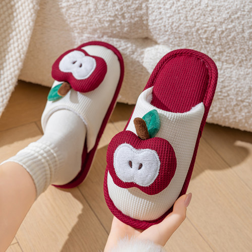 棉拖鞋女士秋冬季2025新款居家室内卡通苹果防滑包头棉麻拖鞋情侣
