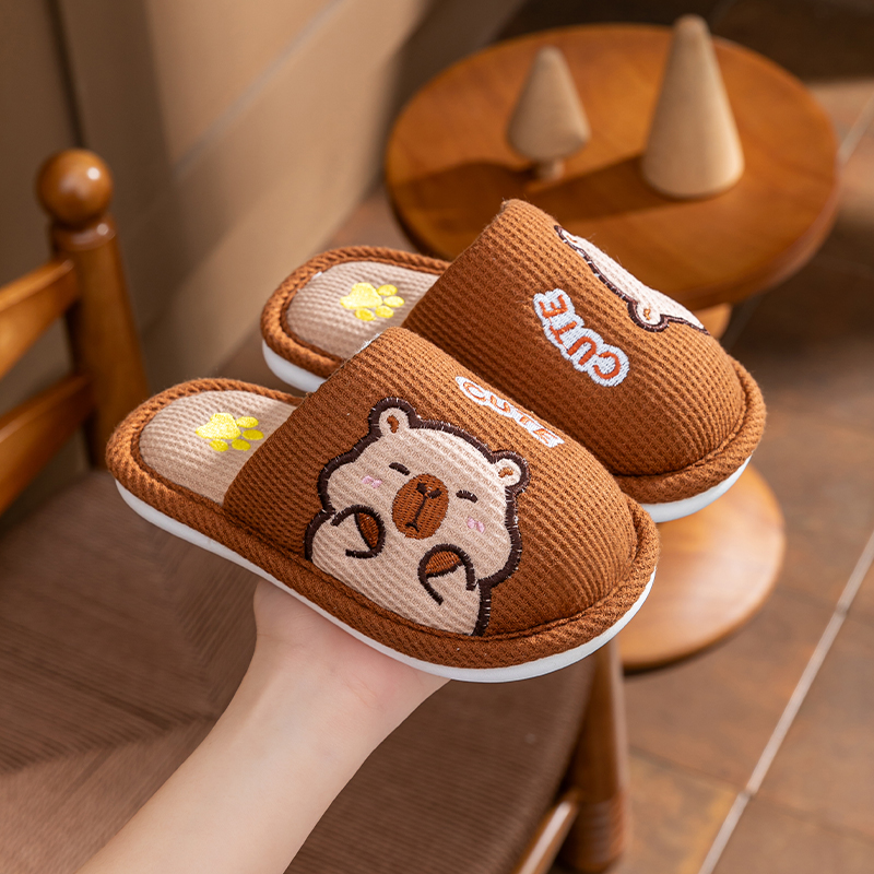 防滑卡通儿童秋冬季亚麻拖鞋