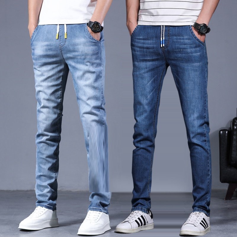 松紧腰青少年学生休闲牛仔裤男士秋冬宽松直筒潮流抽绳冬季长裤子