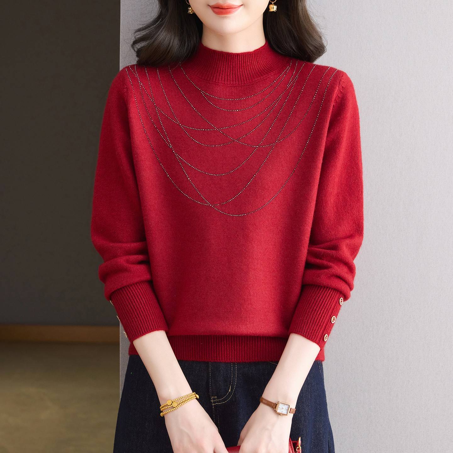 半高领毛衣女2025秋冬高级感烫钻妈妈装短款宽松针织打底衫上衣服