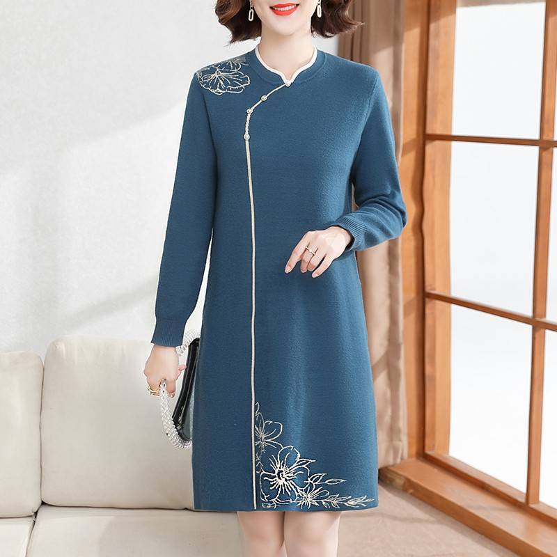 喜婆婆婚宴礼服妈妈秋冬针织旗袍连衣裙中老年女中长款打底毛衣裙