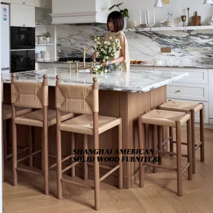 中古实木编绳吧椅设计师侘寂风家用编藤岛台吧台椅绳编高脚吧台凳