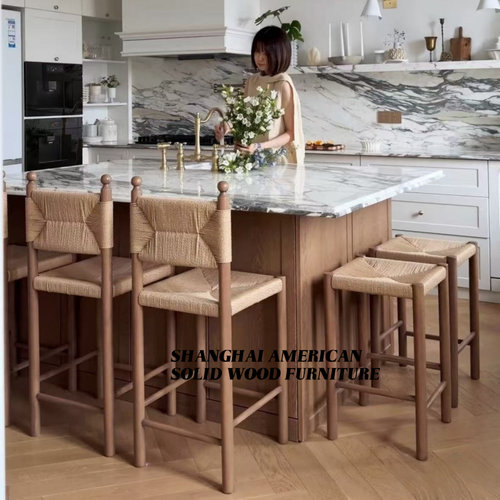 中古实木编绳吧椅设计师侘寂风家用编藤岛台吧台椅绳编高脚吧台凳