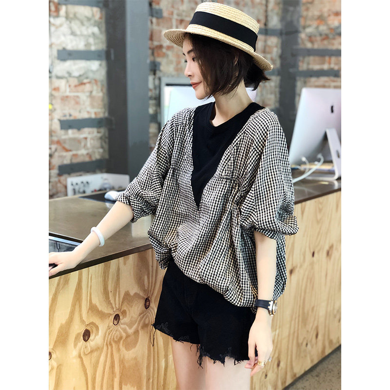 假两件格子衬衫女蝙蝠袖设计感小众宽松衬衣韩版2020夏季新款欧货