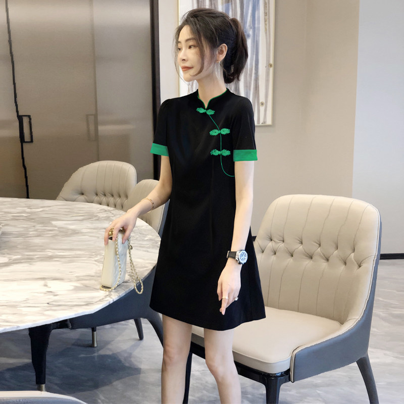 黑色改良旗袍连衣裙女新中式高级感气质a字裙夏季2022新款欧洲站