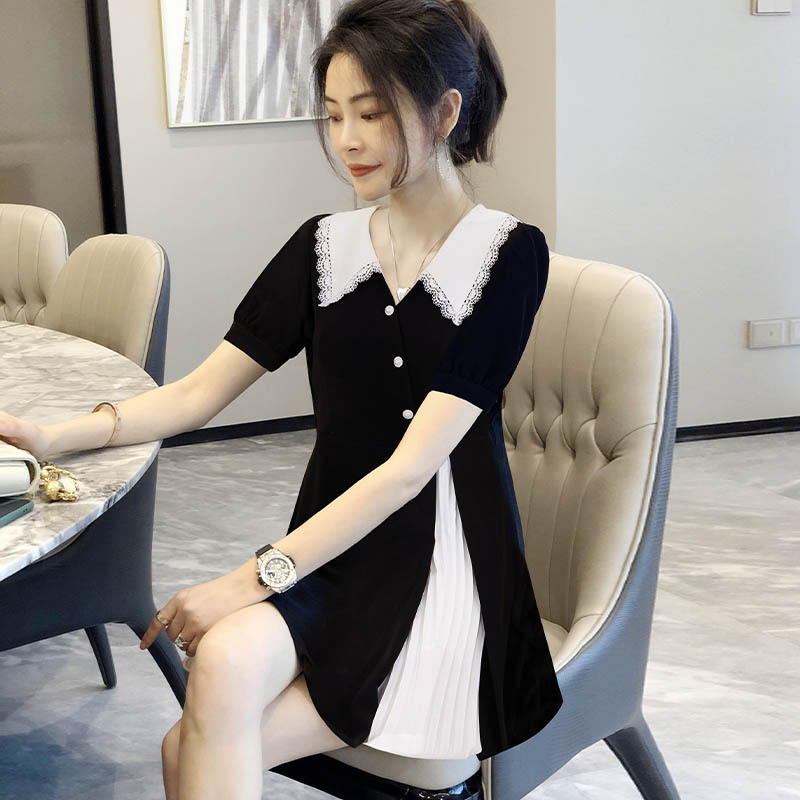 法式娃娃领不规则短袖设计感小众连衣裙子女春夏装2023年新款欧货