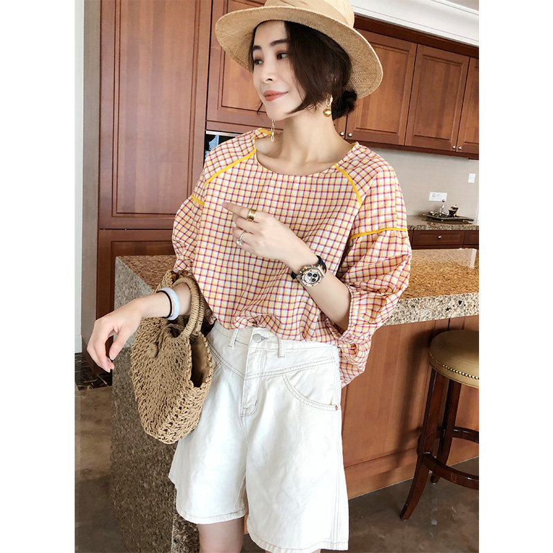 格子衬衫女上衣泡泡袖短款夏季薄款宽松大码设计感小众2020欧洲站