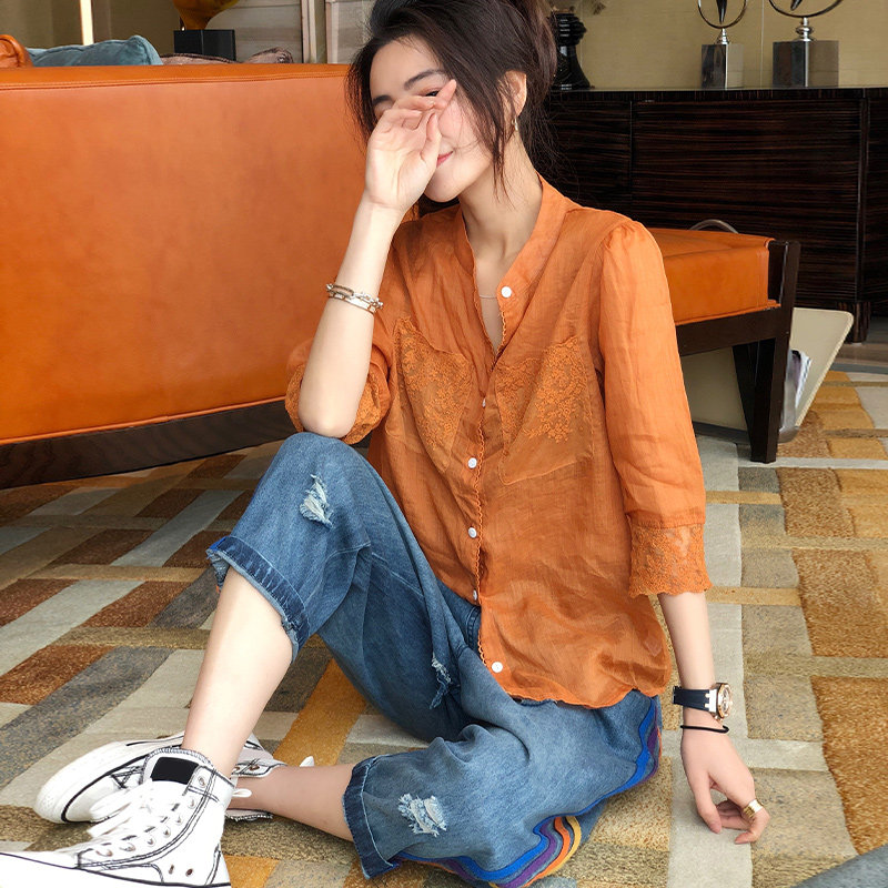 橘色蕾丝棉麻衬衫女薄款七分袖上衣设计感衬衣春装2022新款欧洲站