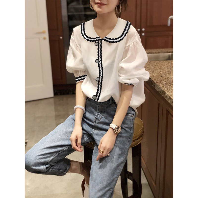 港风衬衫白色短袖女夏季薄款上衣雪纺泡泡袖灯笼大码2020新款欧货