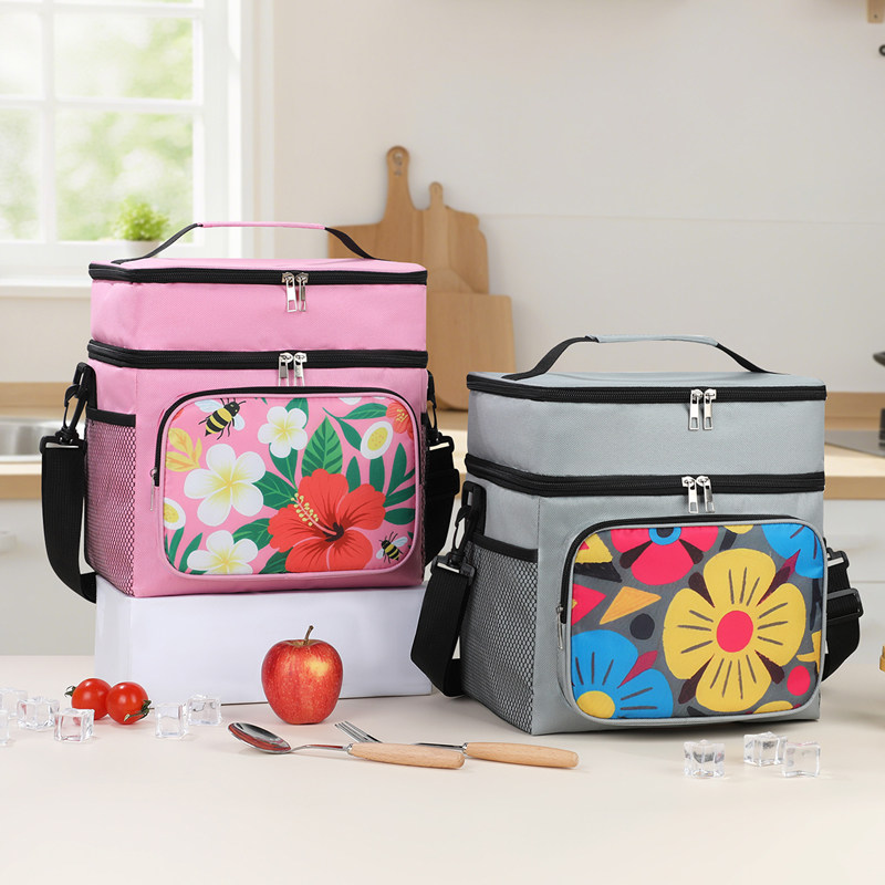 双层斜挎铝箔保温包大容量分隔便携手提花朵印花户外野餐冰包
