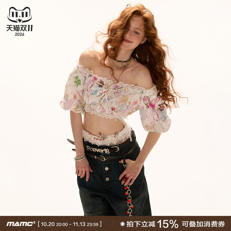 MAMC涂鸦泡泡袖一字肩背心夏季新款设计感绑带蝴蝶结短款抹胸上衣