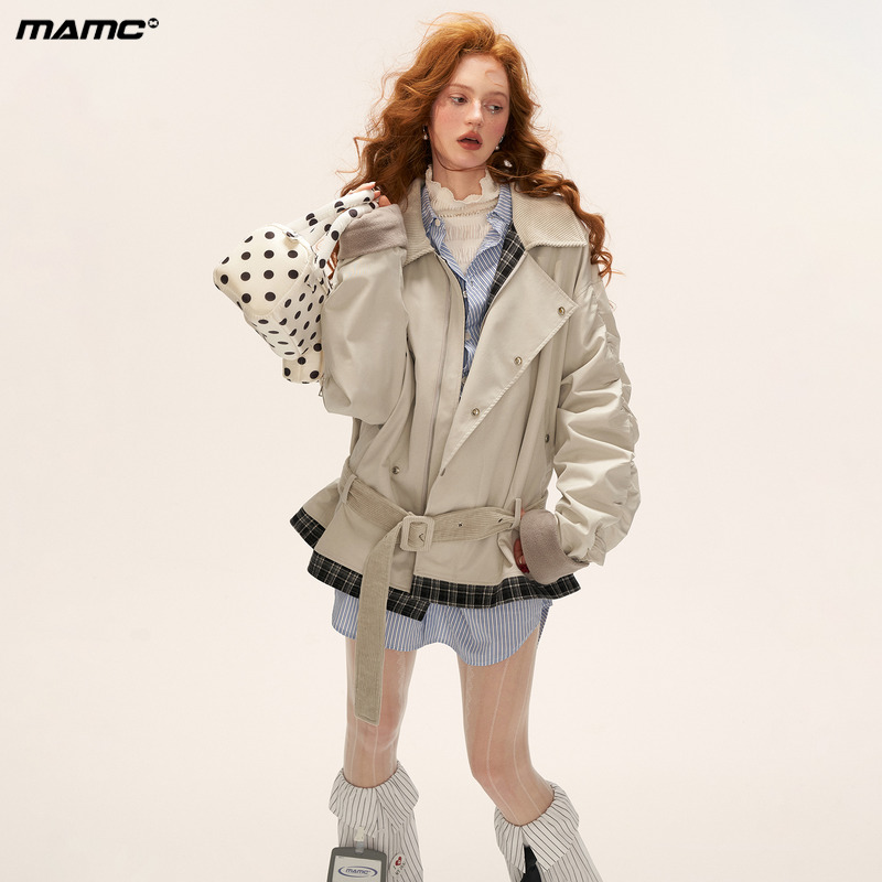 宽松拼格灯芯绒领夹克休闲外套