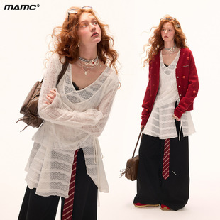 MAMC大V假两件薄透打底衫秋季新款白色宽松慵懒美式长袖罩衫上衣
