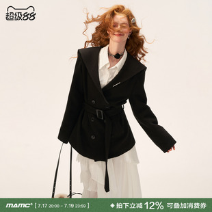 MAMC纽扣翻领学院风毛呢大衣外套女2025秋冬新款黑色高级收腰上衣
