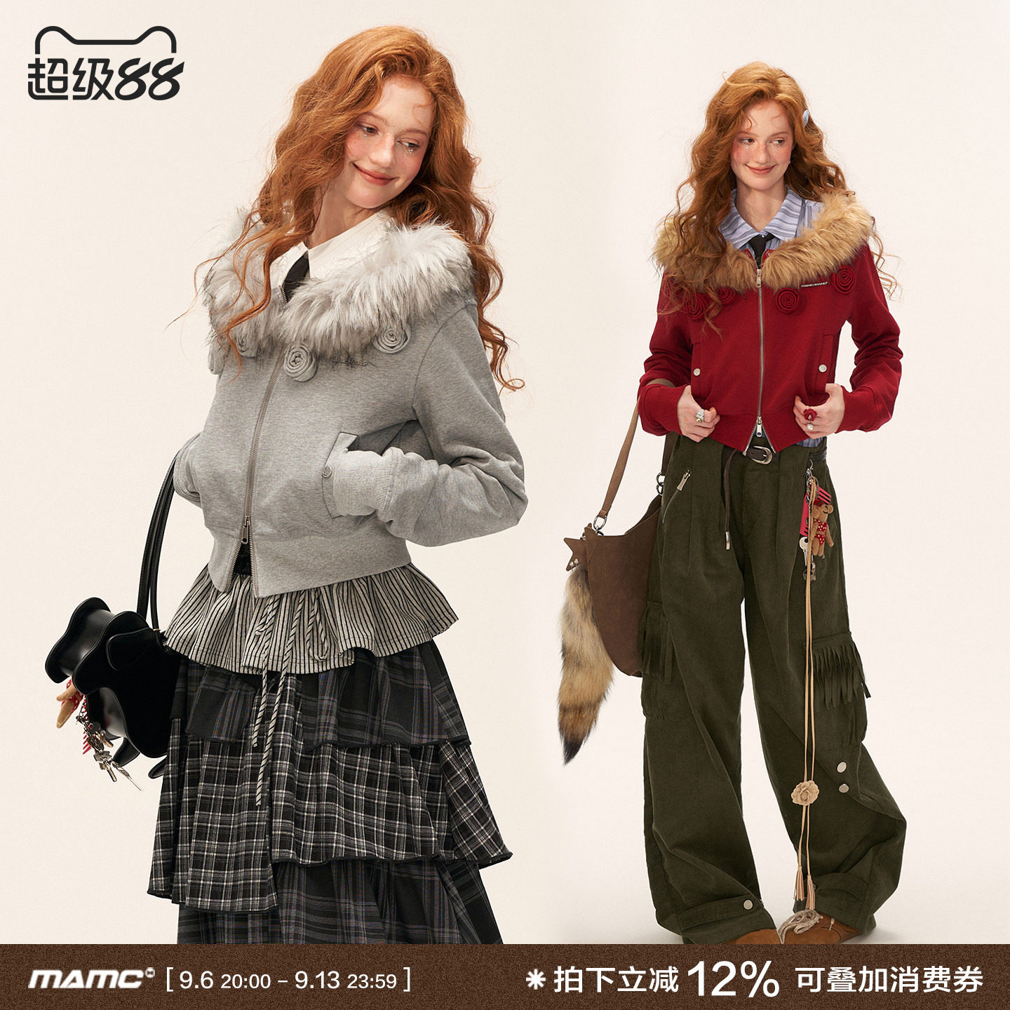 可拆卸毛领双拉链花朵短款外套图片