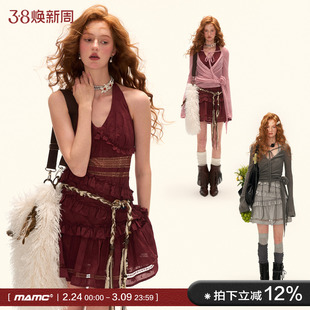 MAMC拼接蕾丝花边吊带连衣裙女2025秋季新款层次感高级修身裙子