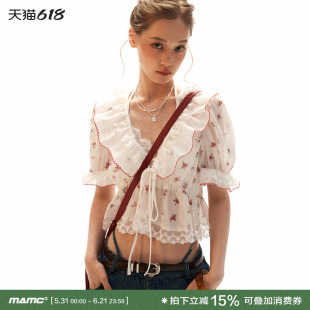 MAMC波点碎花泡泡袖开衫V领系带荷叶边上衣夏季新品甜辣风衬衫