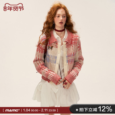 小马格子红色毛衣外套