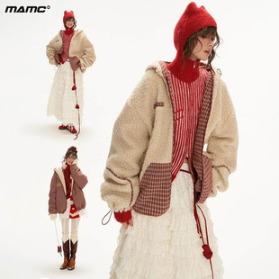 MAMC格纹羊羔毛正反双面穿连帽外套女秋冬新款慵懒风休闲开衫棉服