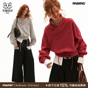 MAMC酵洗柔棉炒色绑带收腰交叉领卫衣女秋季新款复古宽松套头上衣