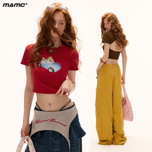 MAMC猫猫出行露背短袖t恤女2025夏季新款简约短款红色圆领上衣