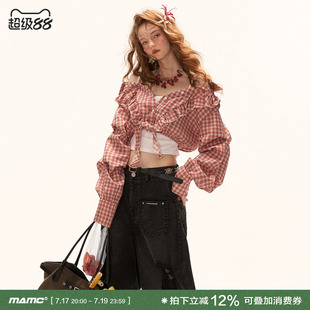 MAMC复古格子木耳绑带短款漏肩衬衫女款2026新款收腰高级长袖上衣