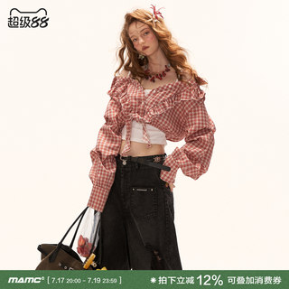 MAMC复古格子木耳绑带短款漏肩衬衫女款2026新款收腰高级长袖上衣