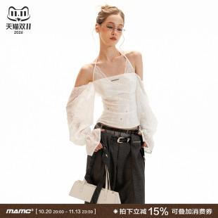 MAMC法式一字露肩挂脖上衣女夏设计感小众喇叭袖修身白色性感衬衫